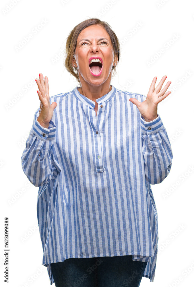 Middle age senior hispanic woman over isolated background crazy and mad shouting and yelling with aggressive expression and arms raised. Frustration concept. Middle age senior hispanic woman over isolated background crazy and mad shouting and yelling with aggressive expression and arms raised. Frustration concept.
