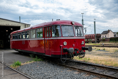 old red train in station Linz am rijn in germany