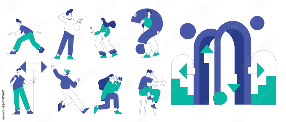 Man and Woman at the Crossroads Think of Direction to Go Vector Set Man and Woman at the Crossroads Think of Direction to Go Vector Set