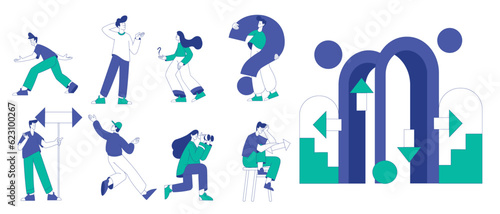 Man and Woman at the Crossroads Think of Direction to Go Vector Set