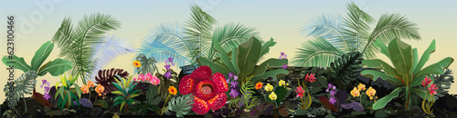 Border with tropical plants: banana tree, monstera, bamboo, dracaena, rafflesia, orchid flowers, coconut palms. Panoramic view, realistic botanical illustration in watercolor style on light background