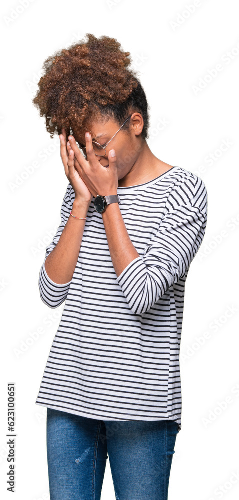 Beautiful young african american woman wearing glasses over isolated background with sad expression covering face with hands while crying. Depression concept. Beautiful young african american woman wearing glasses over isolated background with sad expression covering face with hands while crying. Depression concept.