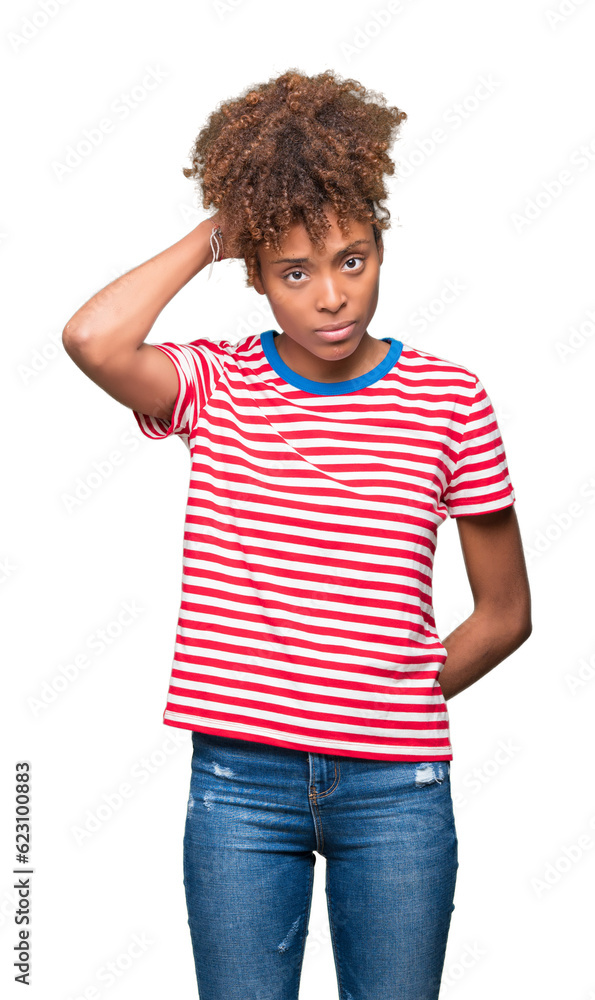 Beautiful young african american woman over isolated background confuse and wonder about question. Uncertain with doubt, thinking with hand on head. Pensive concept. Beautiful young african american woman over isolated background confuse and wonder about question. Uncertain with doubt, thinking with hand on head. Pensive concept.