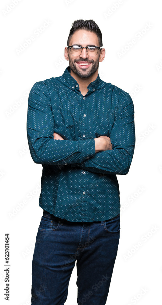 Young handsome business man wearing glasses over isolated background happy face smiling with crossed arms looking at the camera. Positive person. Young handsome business man wearing glasses over isolated background happy face smiling with crossed arms looking at the camera. Positive person.