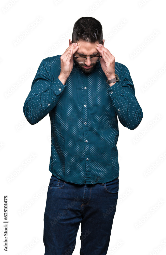 Young handsome business man wearing glasses over isolated background with hand on head for pain in head because stress. Suffering migraine. Young handsome business man wearing glasses over isolated background with hand on head for pain in head because stress. Suffering migraine.