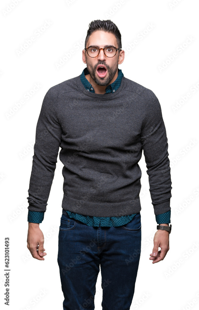 Fototapeta premium Young handsome man wearing glasses over isolated background afraid and shocked with surprise expression, fear and excited face.