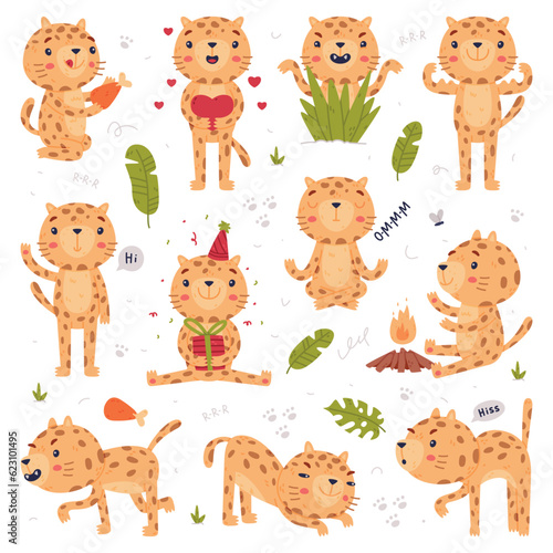 Cute Little Jaguar with Spotted Fur Engaged in Different Activity Vector Set