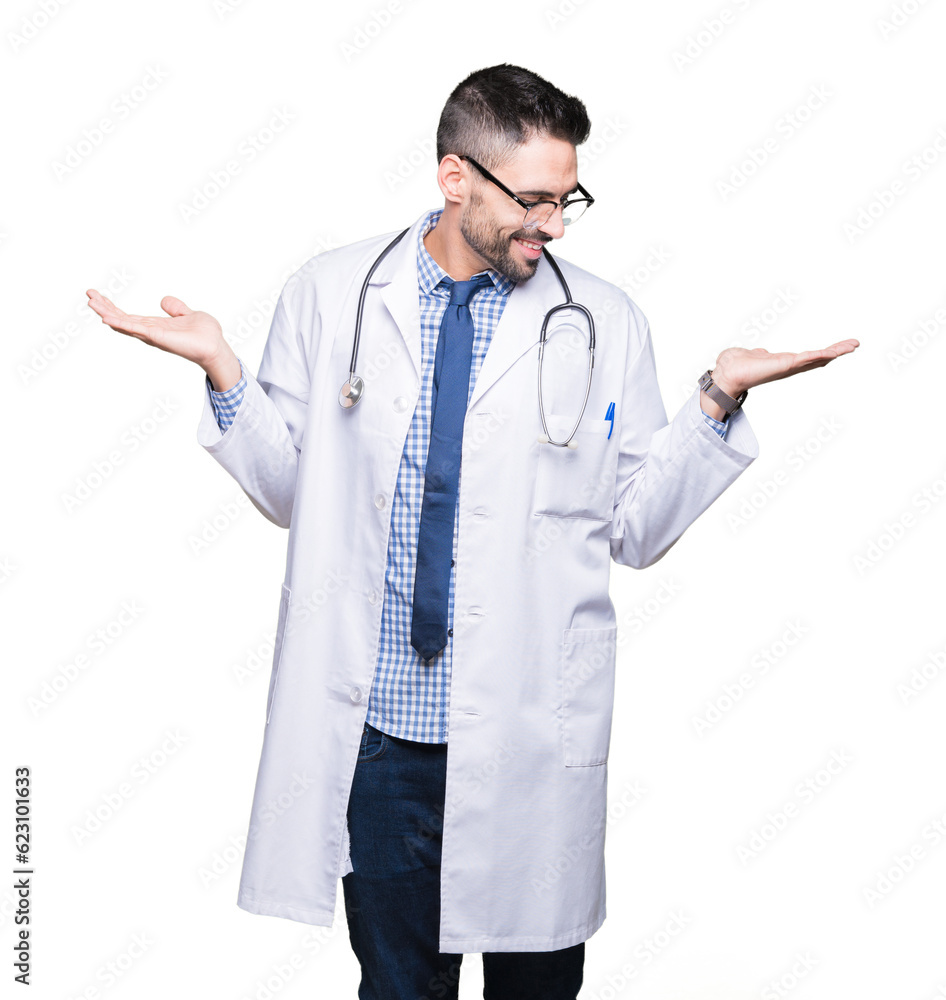 Handsome young doctor man over isolated background Smiling showing both hands open palms, presenting and advertising comparison and balance Handsome young doctor man over isolated background Smiling showing both hands open palms, presenting and advertising comparison and balance