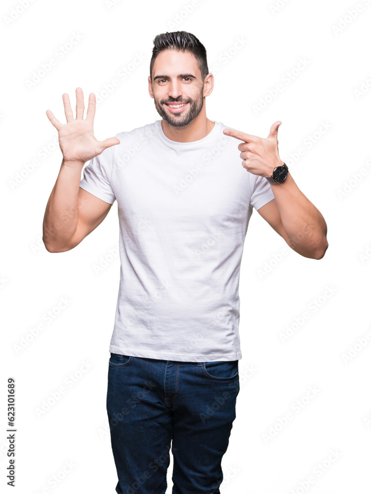 Young man wearing casual white t-shirt over isolated background showing and pointing up with fingers number seven while smiling confident and happy. Young man wearing casual white t-shirt over isolated background showing and pointing up with fingers number seven while smiling confident and happy.
