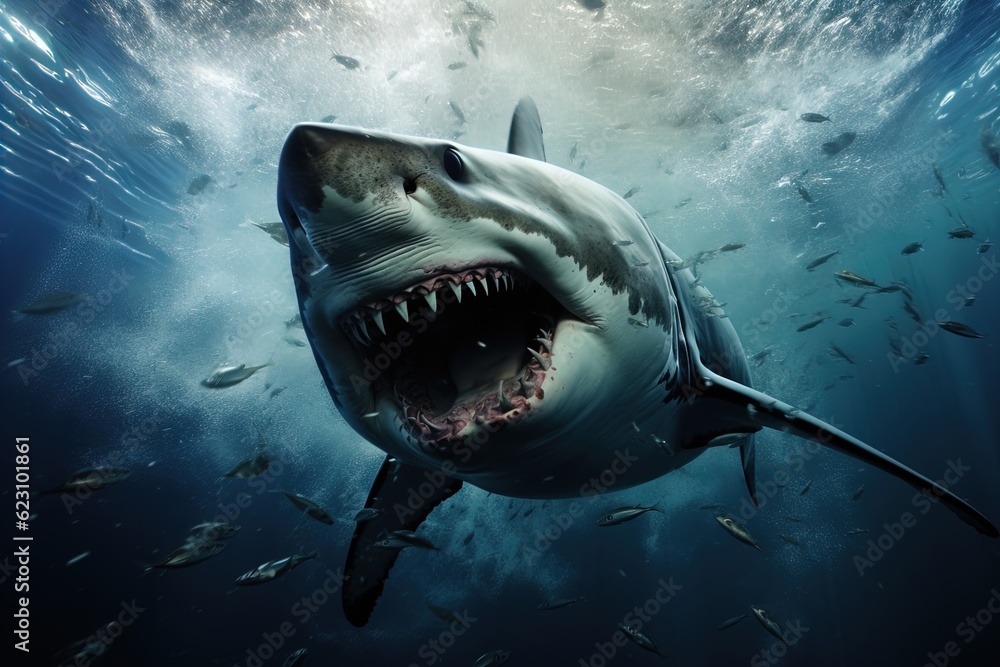 Obraz premium A ferocious great white shark attacks. Great for posters, wildlife stories, book covers and more.