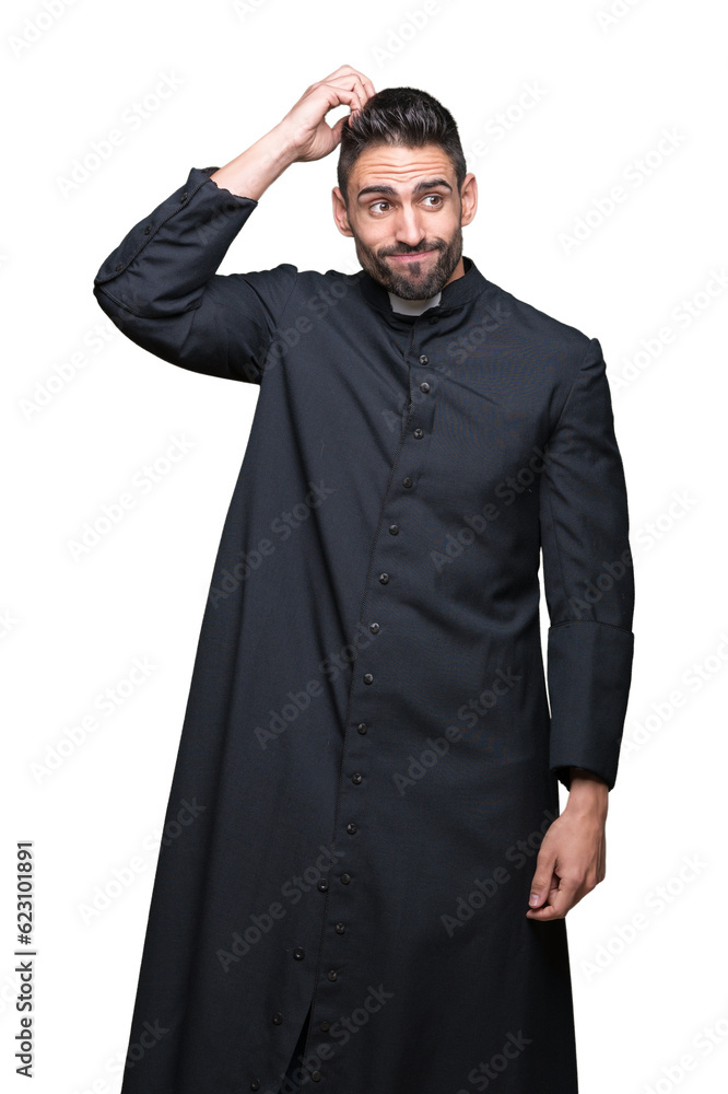 Young Christian priest over isolated background confuse and wonder about question. Uncertain with doubt, thinking with hand on head. Pensive concept. Young Christian priest over isolated background confuse and wonder about question. Uncertain with doubt, thinking with hand on head. Pensive concept.