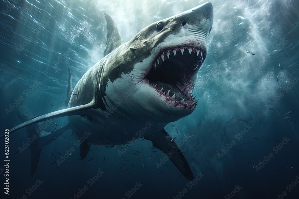 Fototapeta premium A ferocious great white shark attacks. Great for posters, wildlife stories, book covers and more.