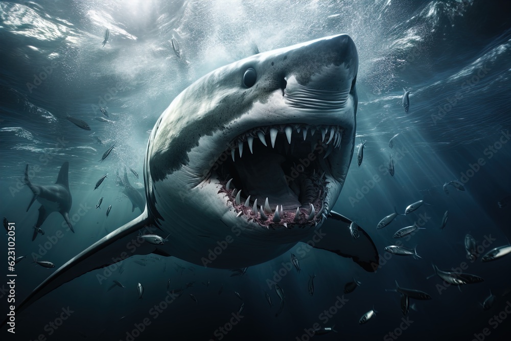 Obraz premium A ferocious great white shark attacks. Great for posters, wildlife stories, book covers and more.