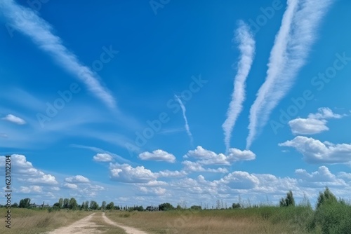 Sunset Full of Contrails, in the Style of Environmental Activism, Embracing Shades of White and Light Blue