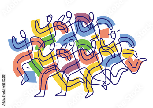 

Running race, marathon, jogging, line art stylized.
 Stylized illustration of group of running racers. Continuous line drawing design.Isolated on white background. Vector available.