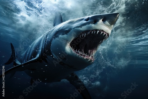 A ferocious great white shark attacks. Great for posters, wildlife stories, book covers and more.