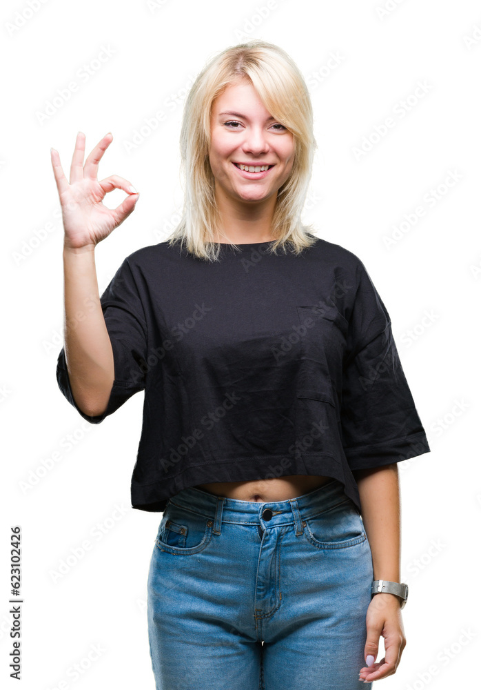 Young beautiful blonde woman over isolated background smiling positive doing ok sign with hand and fingers. Successful expression. Young beautiful blonde woman over isolated background smiling positive doing ok sign with hand and fingers. Successful expression.