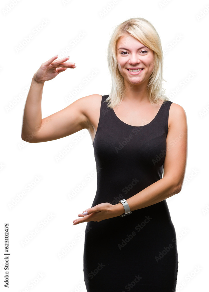 Young beautiful blonde attractive woman wearing elegant dress over isolated background gesturing with hands showing big and large size sign, measure symbol. Smiling looking at the camera. Measuring Young beautiful blonde attractive woman wearing elegant dress over isolated background gesturing with hands showing big and large size sign, measure symbol. Smiling looking at the camera. Measuring