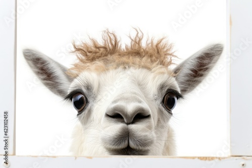 White llama peeks through a window or frame on a white background.