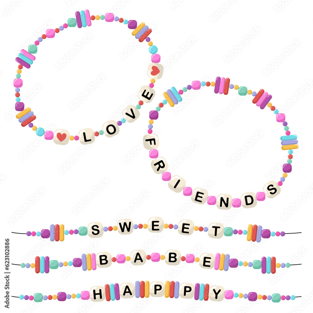 Collection of vector jewelry and children's ornaments. Bracelet made of handmade plastic beads. Set of bright colorful braided bracelets with words from the letters love, friends, sweet, baby, happy.