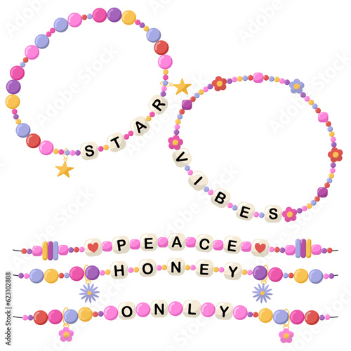 Collection of vector jewelry and children's ornaments. Bracelet made of handmade plastic beads. Set of bright colorful braided bracelets with words from the letters star, vibes, peace, honey, only.