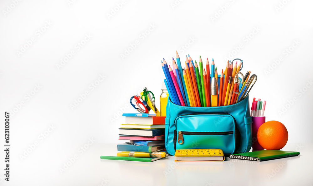 Fototapeta premium Back to school background with books and apple over blackboard. School bag and stuff on cork blackboard background with copy space, study education concept copy space