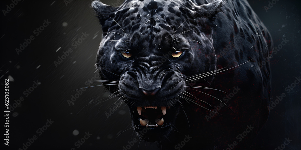 black panther shot close up with black background  Up-Close Encounter: Black Panther against a Dark Background Black Panther: A Stunning Close-Up in Black Ai Generated 