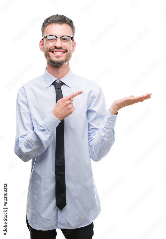 Young business man very happy pointing with hand and finger Young business man very happy pointing with hand and finger