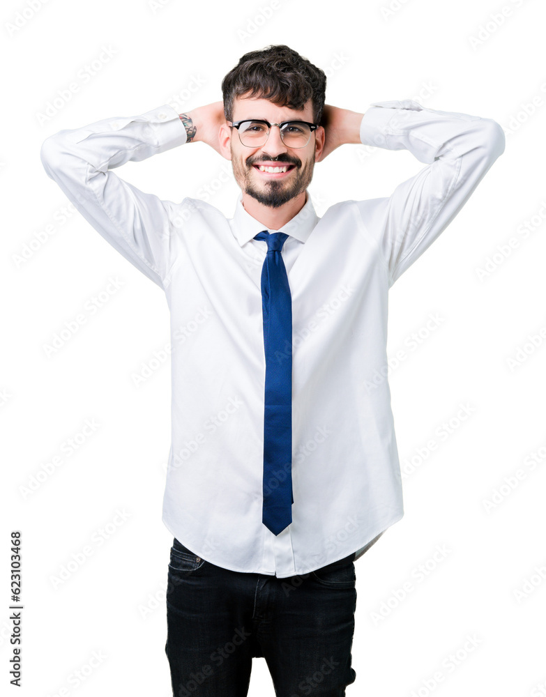 Young handsome business man wearing glasses over isolated background Relaxing and stretching with arms and hands behind head and neck, smiling happy Young handsome business man wearing glasses over isolated background Relaxing and stretching with arms and hands behind head and neck, smiling happy