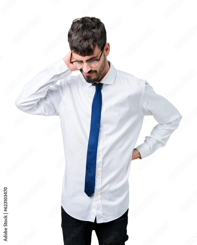 Young handsome business man wearing glasses over isolated background Suffering of neck ache injury, touching neck with hand, muscular pain Young handsome business man wearing glasses over isolated background Suffering of neck ache injury, touching neck with hand, muscular pain