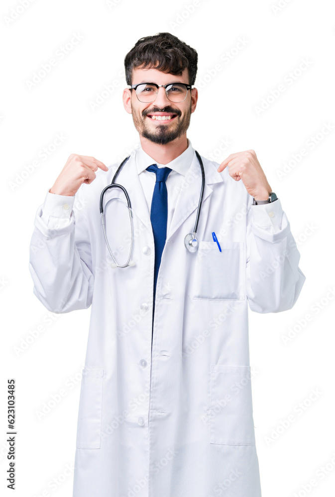 Young doctor man wearing hospital coat over isolated background looking confident with smile on face, pointing oneself with fingers proud and happy. Young doctor man wearing hospital coat over isolated background looking confident with smile on face, pointing oneself with fingers proud and happy.