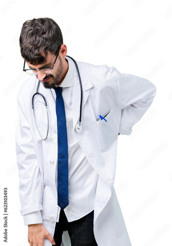 Young doctor man wearing hospital coat over isolated background Suffering of backache, touching back with hand, muscular pain Young doctor man wearing hospital coat over isolated background Suffering of backache, touching back with hand, muscular pain