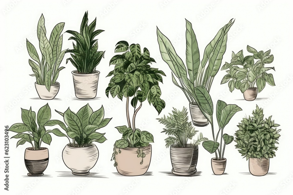 Fototapeta premium Illustration of a collection of home green plants in pots on a light background.