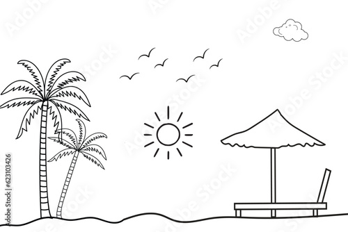 
Summer sunset tropical beach line art vector illustration, hand drawn sunset and sunrise outline landscape tropical beach, palm tree with sunset waves Nature view, Kids drawing Beach coloring pages
