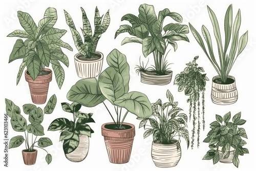 Set of house plants in pots on a white background.