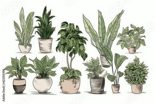 Illustration of a collection of home green plants in pots on a light background.