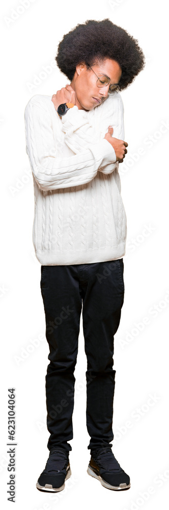 Young african american man with afro hair wearing glasses Hugging oneself happy and positive, smiling confident. Self love and self care Young african american man with afro hair wearing glasses Hugging oneself happy and positive, smiling confident. Self love and self care