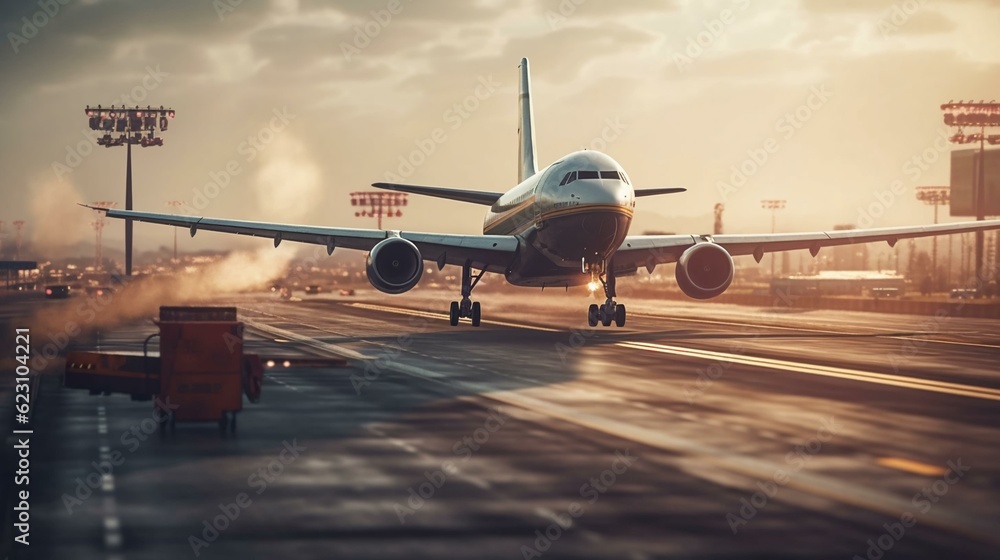 A large plane takes off on the runway. The concept of passenger and cargo aviation. AI generated A large plane takes off on the runway. The concept of passenger and cargo aviation. AI generated