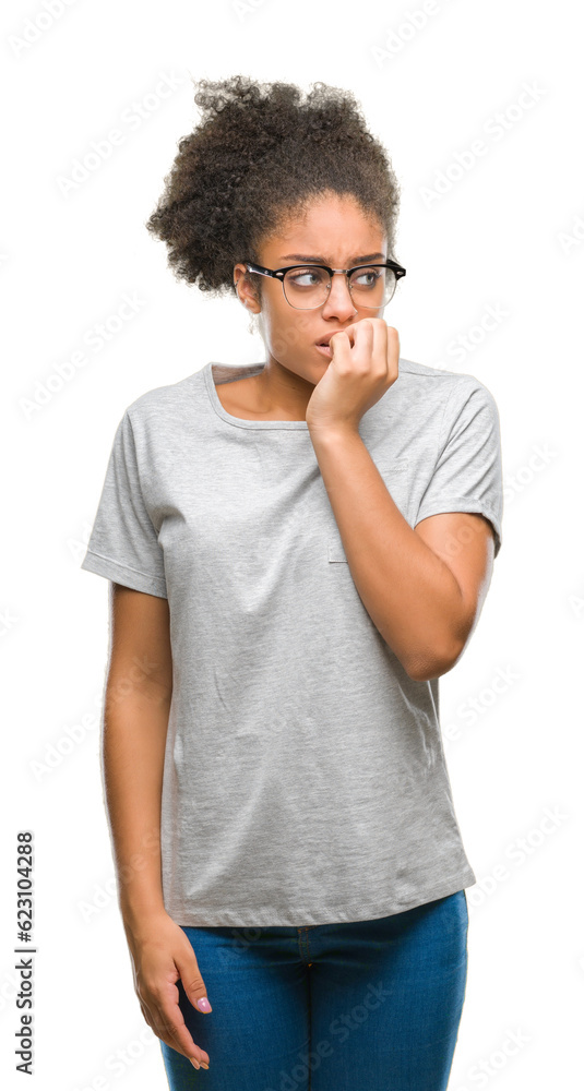 Young afro american woman wearing glasses over isolated background looking stressed and nervous with hands on mouth biting nails. Anxiety problem. Young afro american woman wearing glasses over isolated background looking stressed and nervous with hands on mouth biting nails. Anxiety problem.