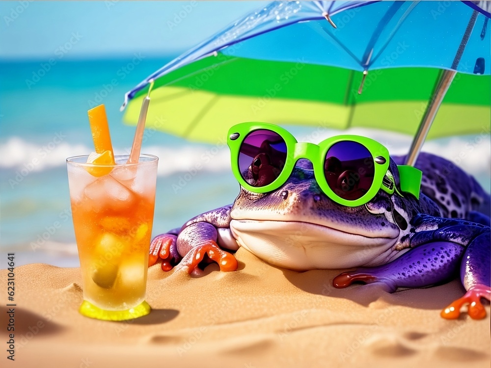 A Frog's Summer Delight Under the Umbrella, Savoring a Refreshing Drink