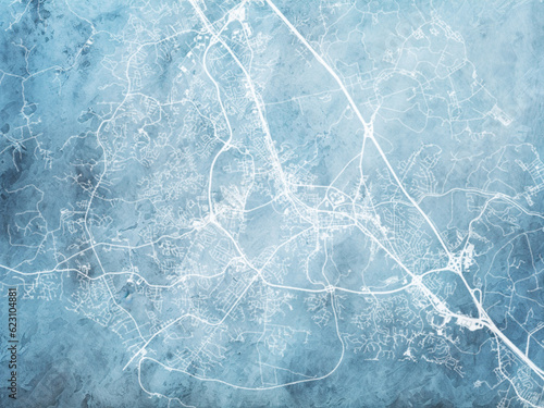 Illustration of a map of the city of  Williamsburg Virginia in the United States of America with white roads on a icy blue frozen background.