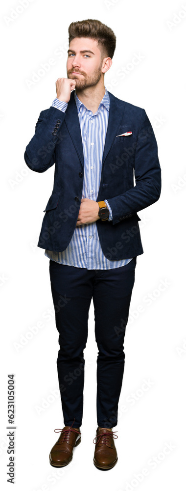Young handsome bussines man with hand on chin thinking about question, pensive expression. Smiling with thoughtful face. Doubt concept. Young handsome bussines man with hand on chin thinking about question, pensive expression. Smiling with thoughtful face. Doubt concept.