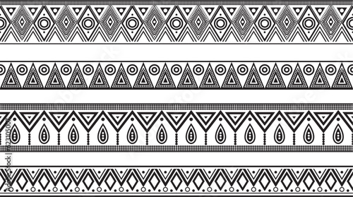 Vector set of seamless monochrome national native american ornaments. Endless ethnic black borders, frames of the peoples of America, Aztec, Maya, Incas. For sandblasting, plotter and laser cutting..