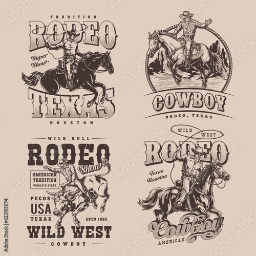 Cowboy rodeo set flyers monochrome