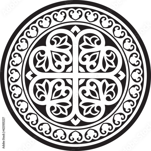 Vector black monochrome round ancient Byzantine ornament. Classical circle of the Eastern Roman Empire, Greece. Pattern motifs of Constantinople..