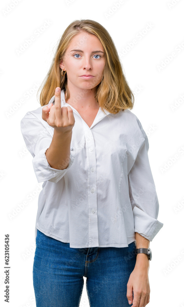 Beautiful young business woman over isolated background Showing middle finger, impolite and rude fuck off expression Beautiful young business woman over isolated background Showing middle finger, impolite and rude fuck off expression