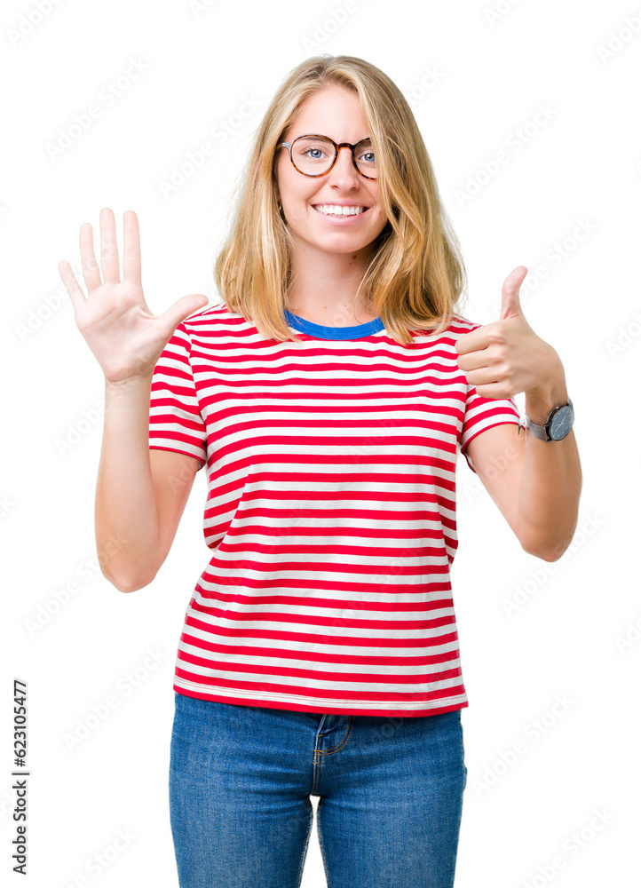 Beautiful young woman wearing glasses over isolated background showing and pointing up with fingers number six while smiling confident and happy. Beautiful young woman wearing glasses over isolated background showing and pointing up with fingers number six while smiling confident and happy.