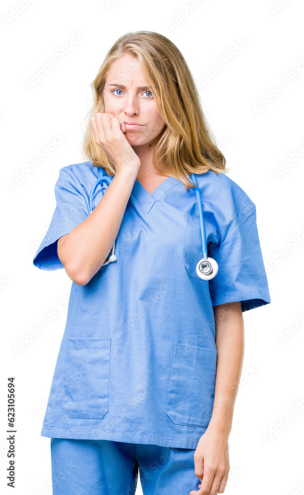 Beautiful young doctor woman wearing medical uniform over isolated background looking stressed and nervous with hands on mouth biting nails. Anxiety problem. Beautiful young doctor woman wearing medical uniform over isolated background looking stressed and nervous with hands on mouth biting nails. Anxiety problem.