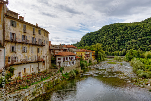The Sesia River flows through the old town of the Alpine village of Varallo