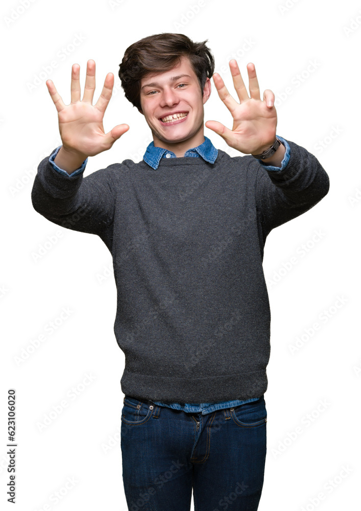Young handsome elegant man over isolated background showing and pointing up with fingers number nine while smiling confident and happy. Young handsome elegant man over isolated background showing and pointing up with fingers number nine while smiling confident and happy.